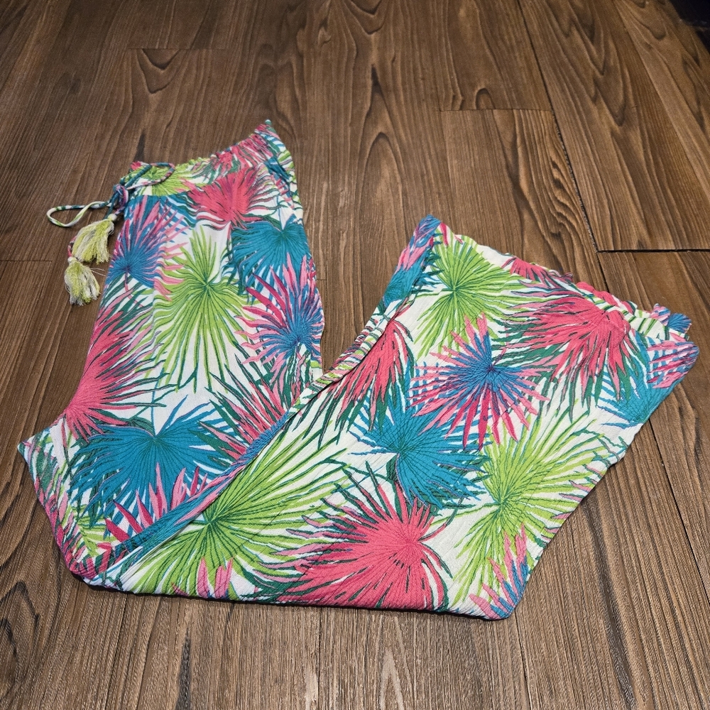 Rose & Olive Wide Leg Gauze Pants Tropical Beach Cover Up Pink White Casual L